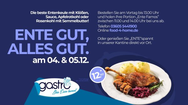 *ANGEBOT für den 05.12.2025* Entenkeule, Sauce, Apfelrotkohl oder Rosenkohl, Klöße oder Kartoffeln #1